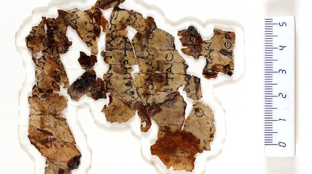 Deler av skriftfragmentene som ble funnet i en hule ved Dødehavet nylig. Foto: IAA
