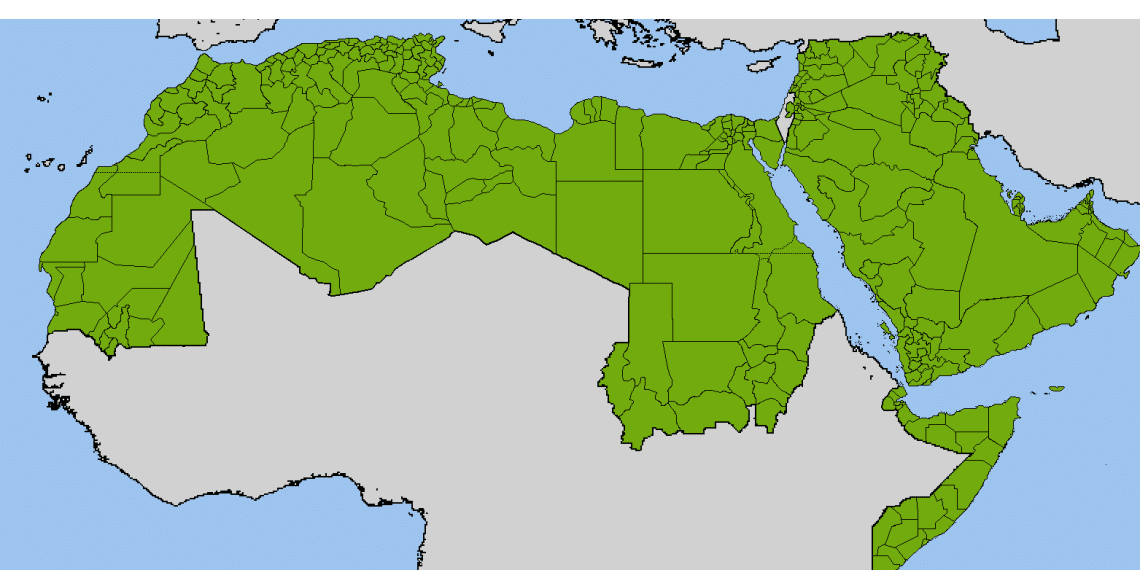 Landene i Den arabiske liga. Får du øye på Israel? Foto: https://commons.wikimedia.org/wiki/File:Provinces_-_Arab_League.PNG.