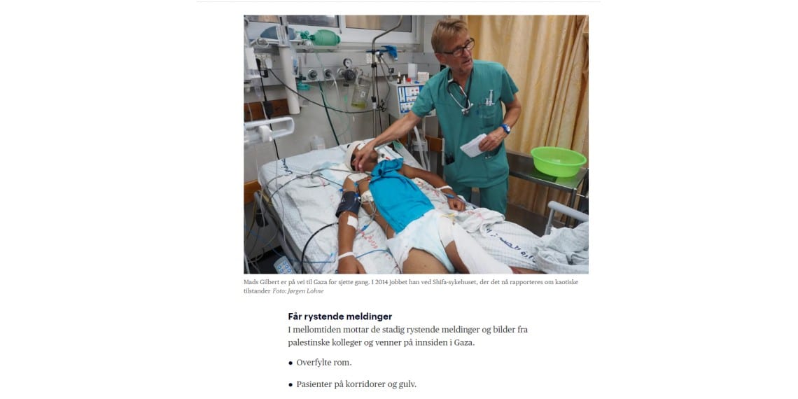 Faksimile fra Aftenposten under pågåande krig. Bildet er fra 2014, da Gilbert jobbet side om side med Hamas på Shifa-sykehuset i Gaza.